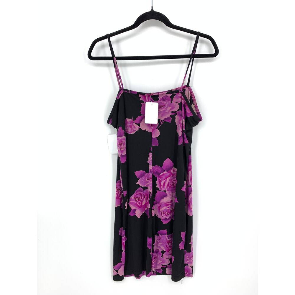 Vintage 90s Rose Print Mini Party Dress Womens L Black Purple Bodycon Stretch - Picture 6 of 6